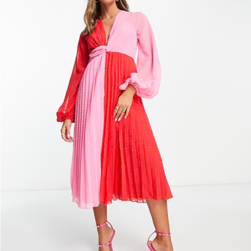 NWT ASOS Design Dobby Twist Front Pleated Midi Dress